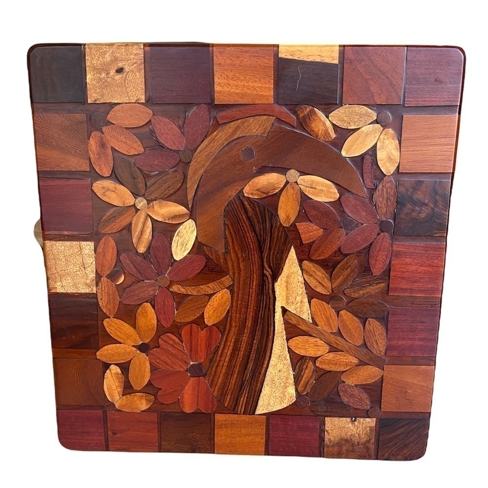 🖤Art Deco Marquetry Inlaid Wood Board Tropical Toucan Bird and Flowers